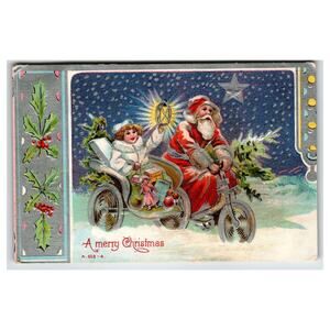 Vintage Embossed Christmas Postcard Santa Claus & Child on Trike